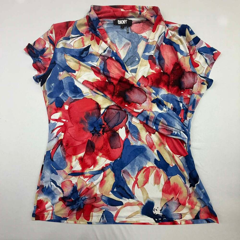 DKNY Floral Watercolor Surplice Wrap Top Size XL